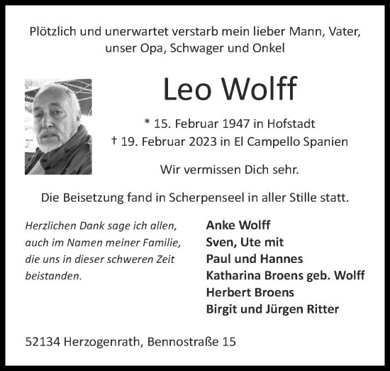 Traueranzeige von Leo Wolff von Zeitung am Sonntag