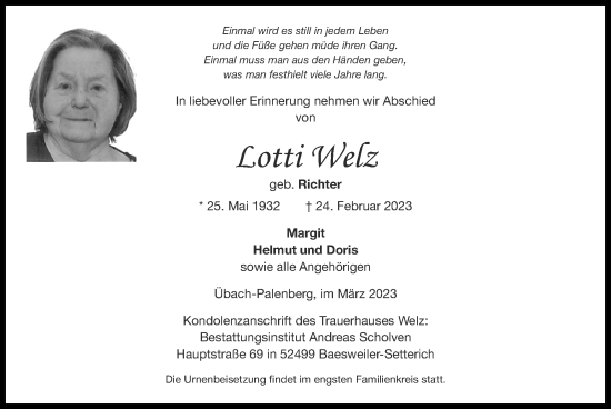 Traueranzeige von Lotti Welz von Zeitung am Sonntag