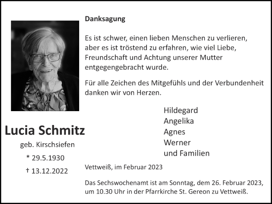Traueranzeige von Lucia Schmitz von Zeitung am Sonntag