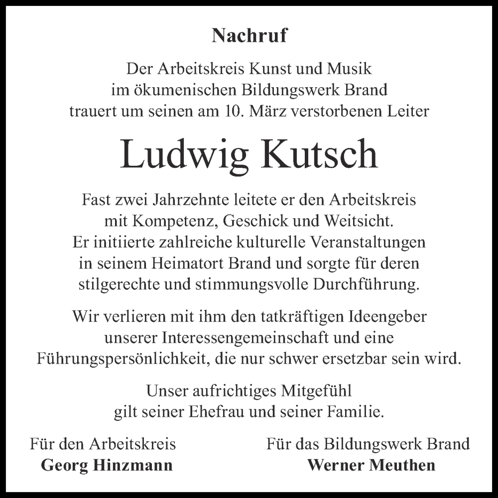 Traueranzeige für Ludwig Kutsch vom 25.03.2023 aus Aachener Zeitung