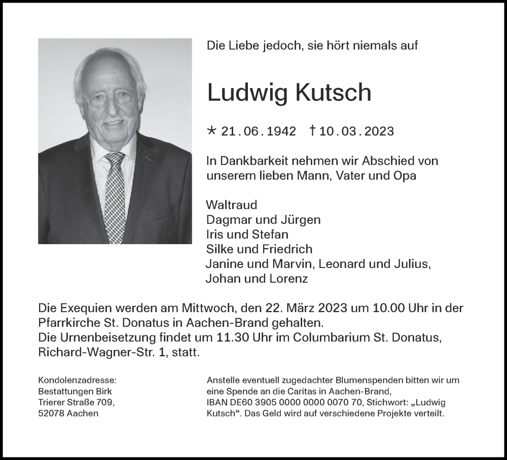  Traueranzeige für Ludwig Kutsch vom 18.03.2023 aus Aachener Zeitung / Aachener Nachrichten