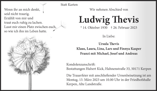 Traueranzeige von Ludwig Thevis von Aachener Zeitung / Aachener Nachrichten