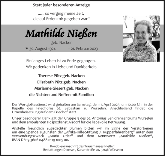 Traueranzeige von Maathhildde Nießen von Aachener Zeitung