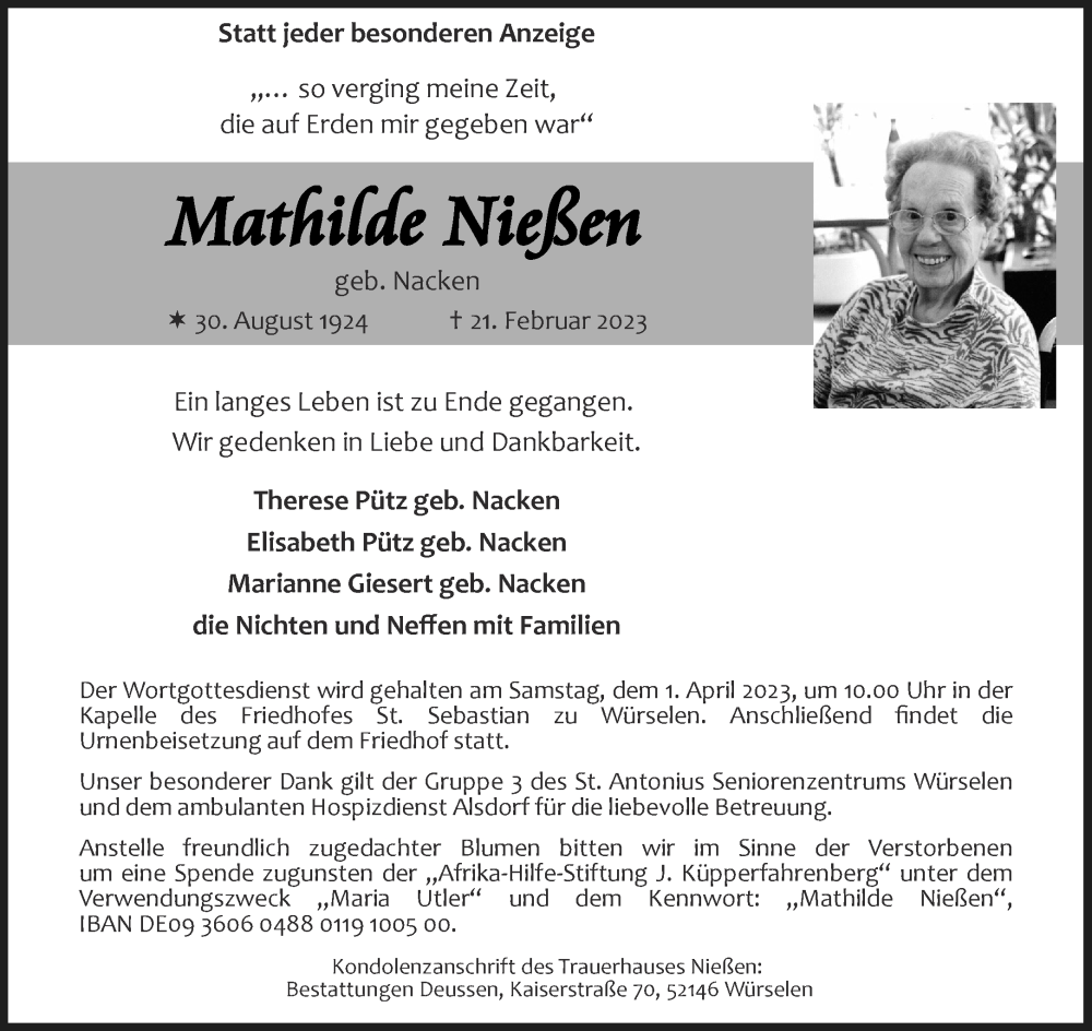  Traueranzeige für Maathhildde Nießen vom 25.03.2023 aus Aachener Zeitung