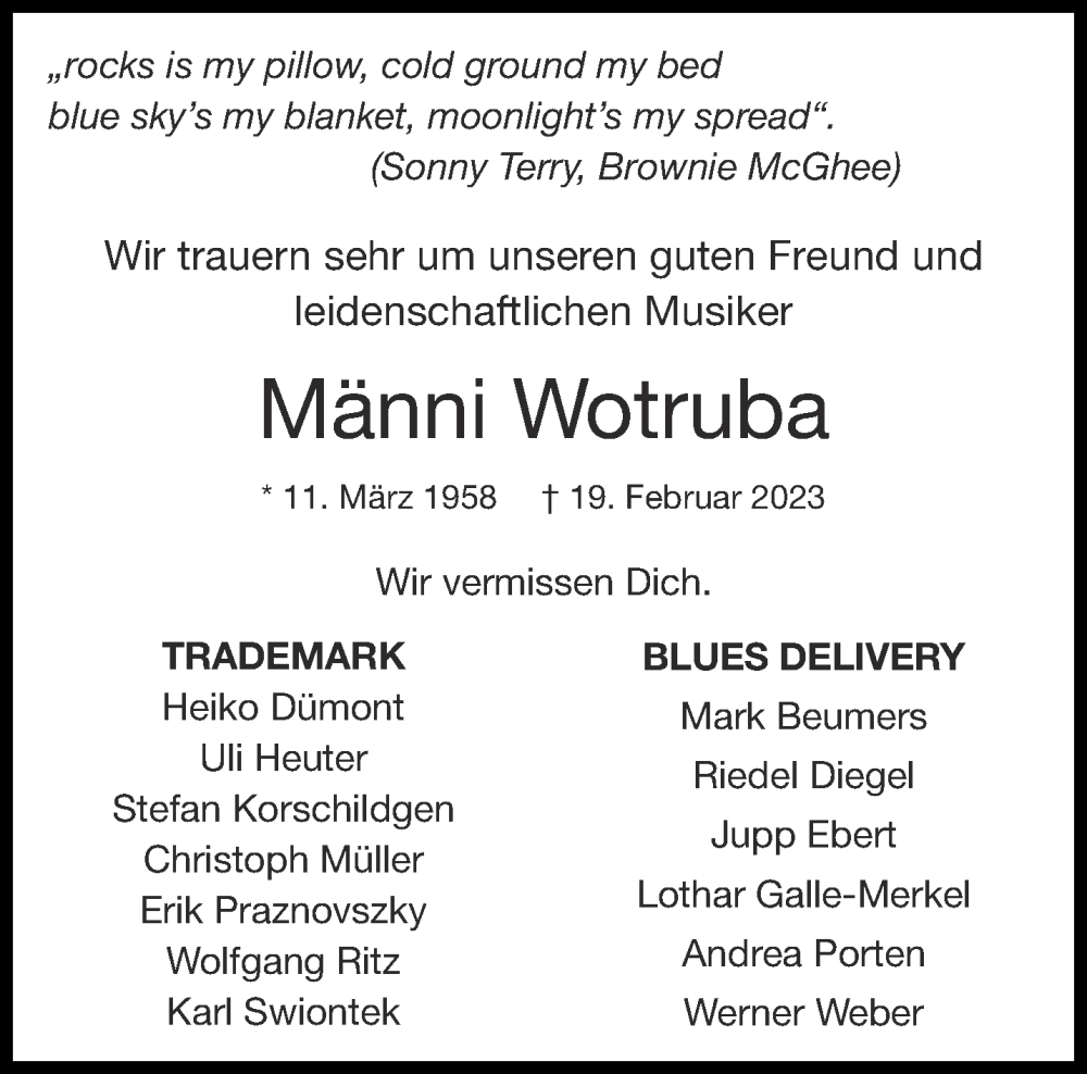  Traueranzeige für Hermann Wotruba vom 04.03.2023 aus Aachener Zeitung / Aachener Nachrichten