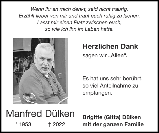 Traueranzeige von Manfred Dülken von Zeitung am Sonntag