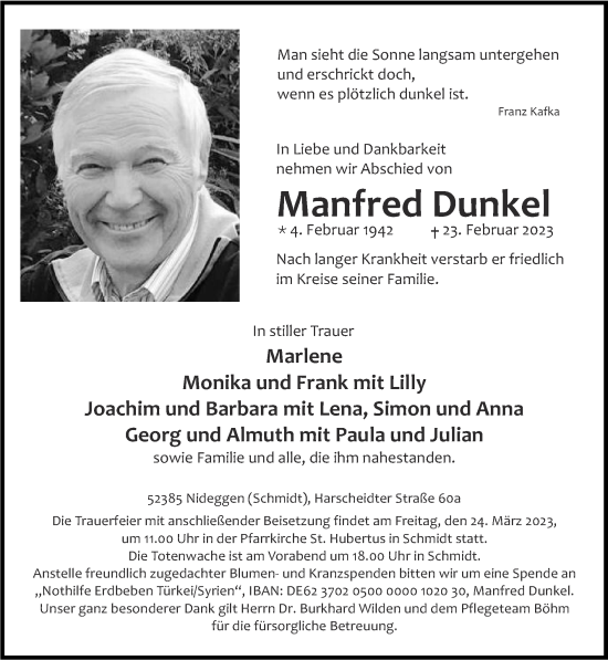 Traueranzeige von Manfred Dunkel von Zeitung am Sonntag