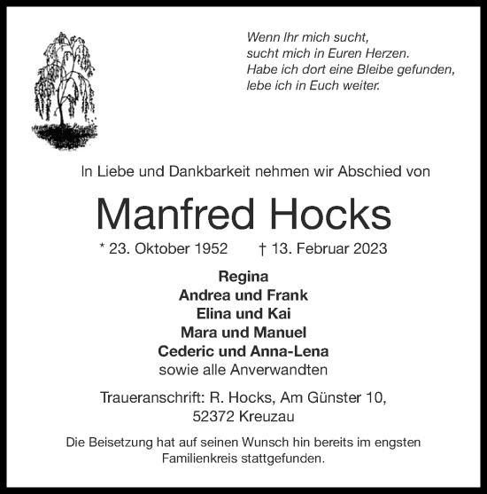 Traueranzeige von Manfred Hocks von Zeitung am Sonntag