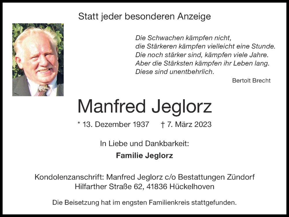  Traueranzeige für Manfred Jeglorz vom 12.03.2023 aus Zeitung am Sonntag