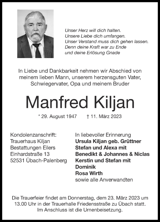 Traueranzeige von Manfred Kiljan von Zeitung am Sonntag