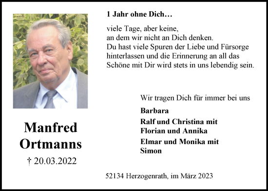 Traueranzeige von Manfred Ortmanns von Zeitung am Sonntag