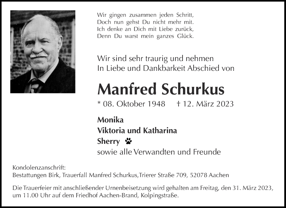  Traueranzeige für Manfred Schurkus vom 25.03.2023 aus Aachener Zeitung