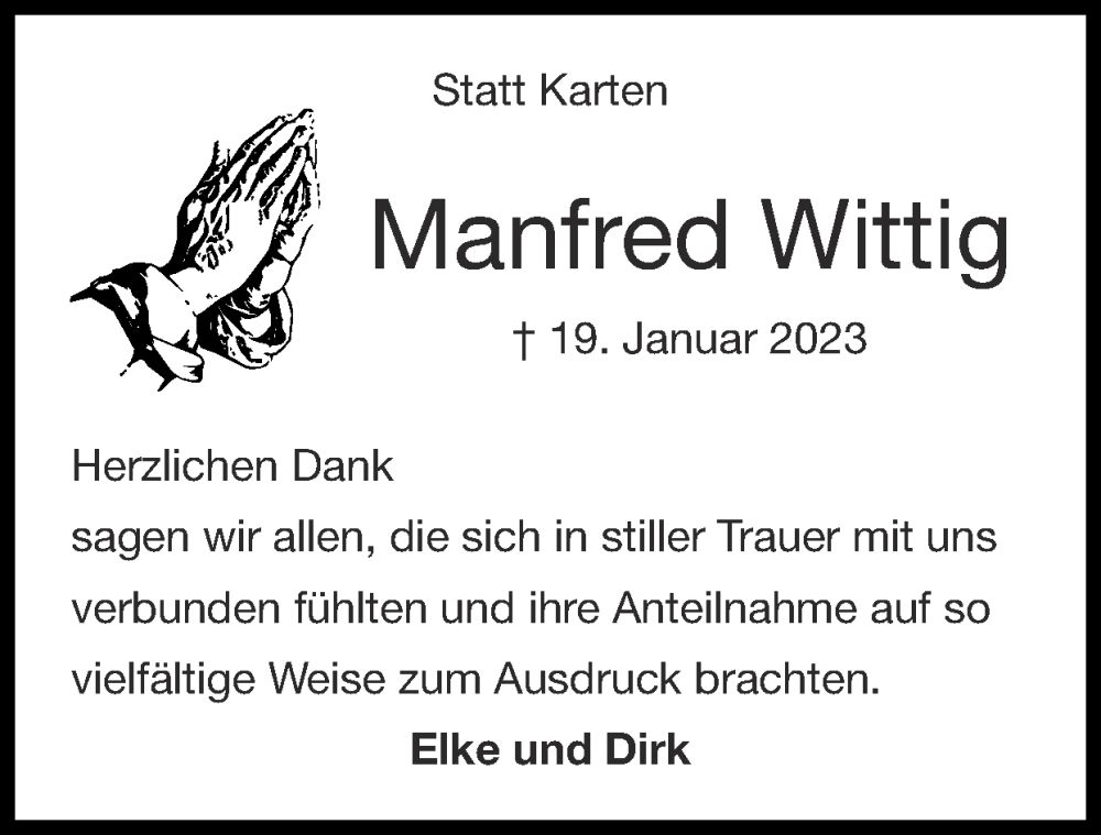  Traueranzeige für Manfred Wittig vom 05.03.2023 aus Zeitung am Sonntag