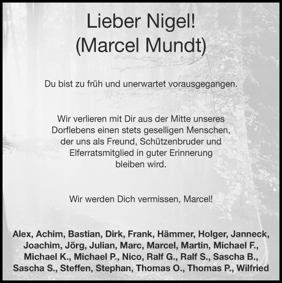 Traueranzeige von Marcel Mundt von Zeitung am Sonntag