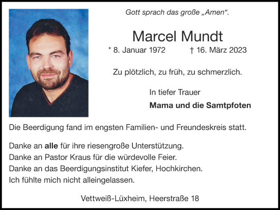 Traueranzeige von Marcel Mundt von Zeitung am Sonntag