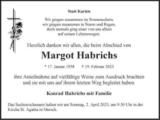 Traueranzeige von Margot Habrichs von Zeitung am Sonntag