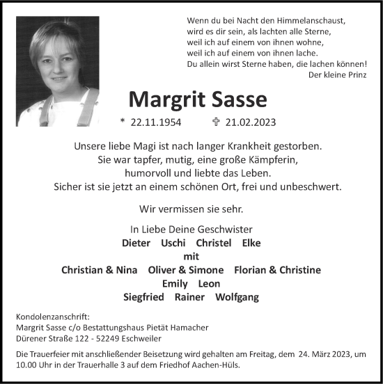 Traueranzeige von Margrit Sasse von Zeitung am Sonntag