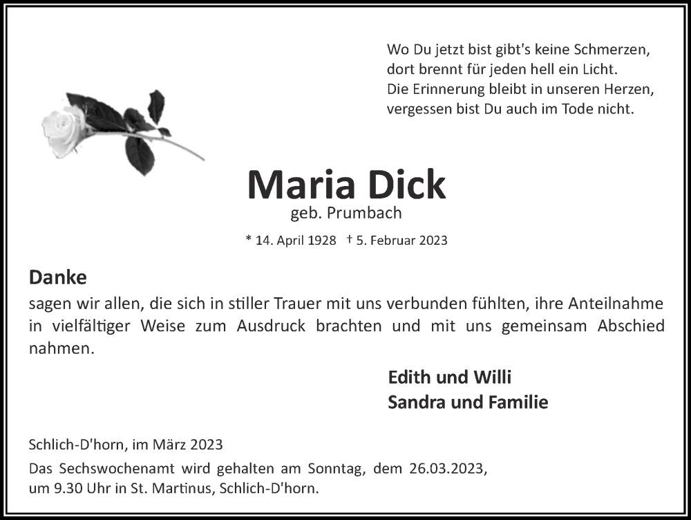  Traueranzeige für Maria Dick vom 12.03.2023 aus Zeitung am Sonntag