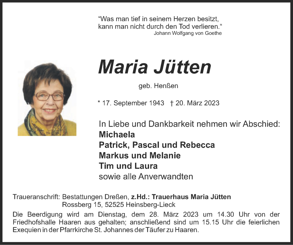  Traueranzeige für Maria Jütten vom 26.03.2023 aus Zeitung am Sonntag
