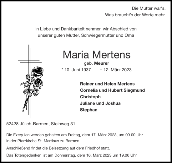 Traueranzeige von Maria Mertens von Aachener Zeitung / Aachener Nachrichten