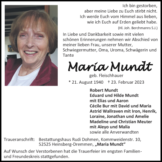 Traueranzeige von Maria Mundt von Zeitung am Sonntag