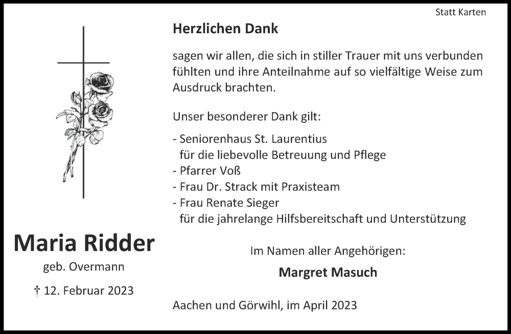  Traueranzeige für Maria Ridder vom 01.04.2023 aus Aachener Zeitung