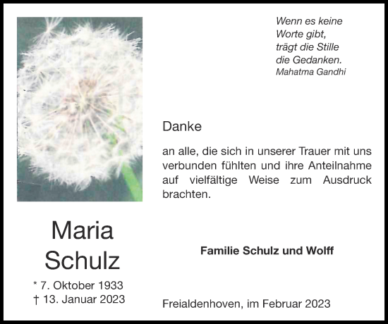 Traueranzeige von Maria Schulz von Zeitung am Sonntag