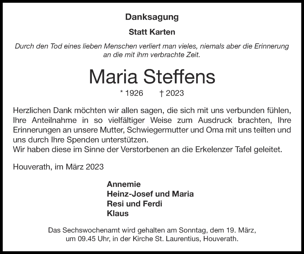  Traueranzeige für Maria Steffens vom 12.03.2023 aus Zeitung am Sonntag