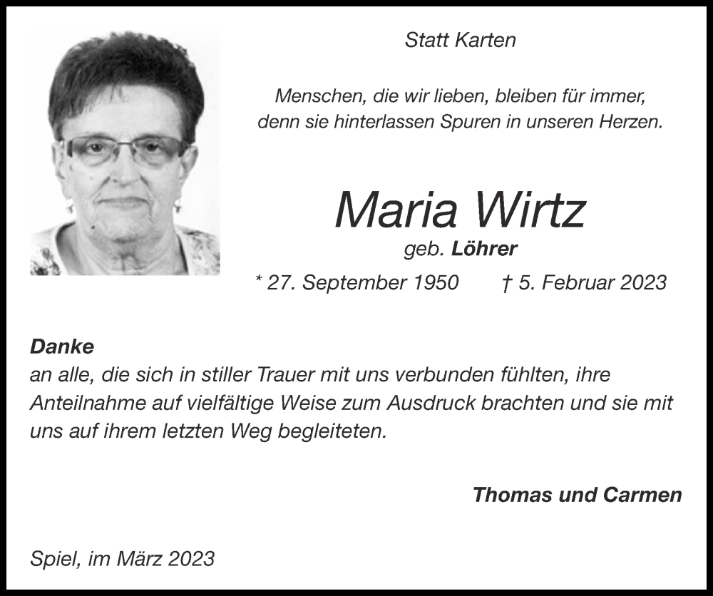  Traueranzeige für Maria Wirtz vom 19.03.2023 aus Zeitung am Sonntag