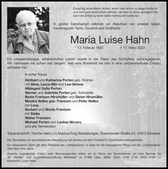 Traueranzeige von Maria Luise Hahn von Zeitung am Sonntag