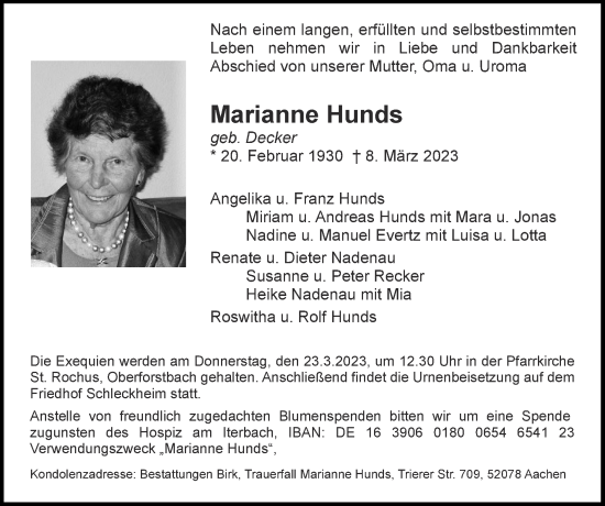 Traueranzeige von Marianne Hunds von Zeitung am Sonntag