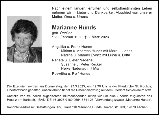 Traueranzeige von Marianne Hunds von Aachener Zeitung / Aachener Nachrichten
