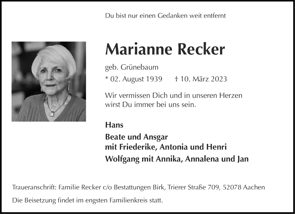  Traueranzeige für Marianne Recker vom 25.03.2023 aus Aachener Zeitung