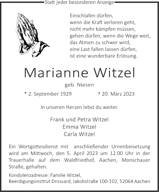Traueranzeige von Marianne Witzel von Aachener Zeitung