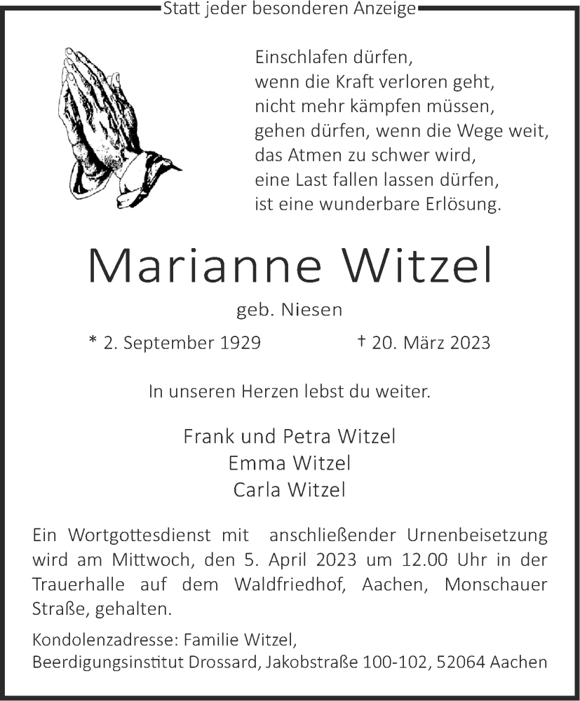 Traueranzeige für Marianne Witzel vom 25.03.2023 aus Aachener Zeitung