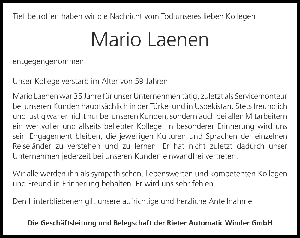  Traueranzeige für Mario Laenen vom 12.03.2023 aus Zeitung am Sonntag