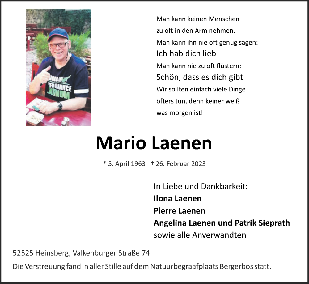  Traueranzeige für Mario Laenen vom 12.03.2023 aus Zeitung am Sonntag