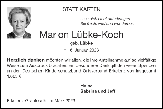 Traueranzeige von Marion Lübke-Koch von Zeitung am Sonntag