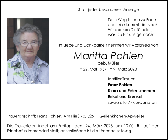 Traueranzeige von Maritta Pohlen von Zeitung am Sonntag