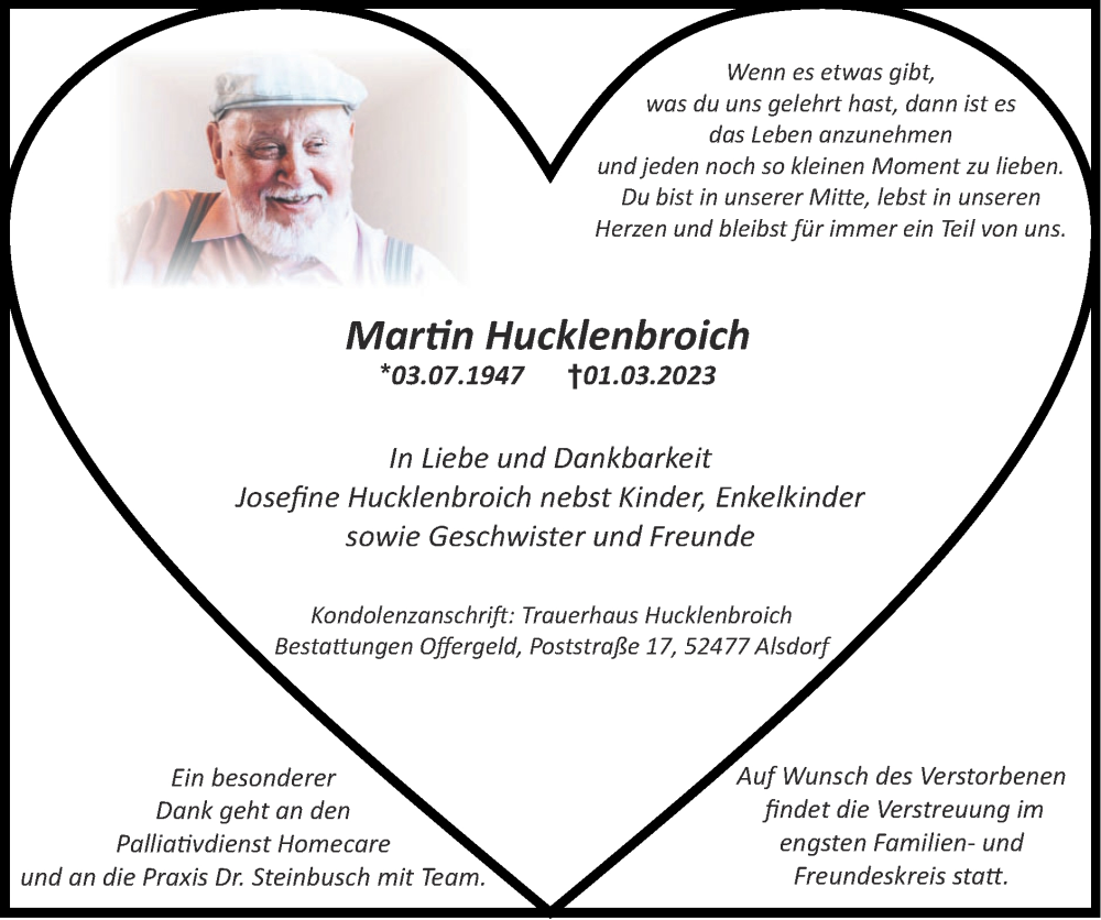  Traueranzeige für Martin Hucklenbroich vom 12.03.2023 aus Zeitung am Sonntag