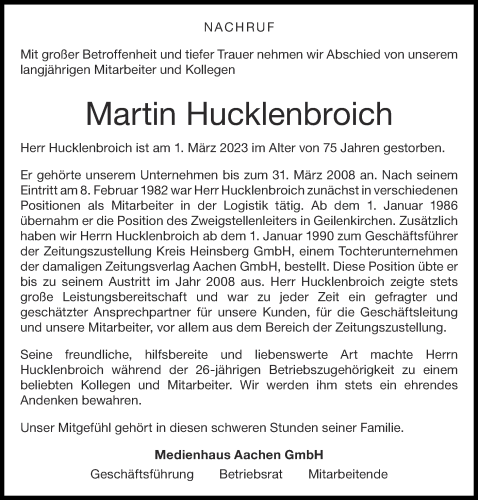  Traueranzeige für Martin Hucklenbroich vom 26.03.2023 aus Zeitung am Sonntag