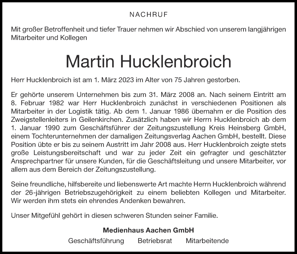  Traueranzeige für Martin Hucklenbroich vom 25.03.2023 aus Aachener Zeitung