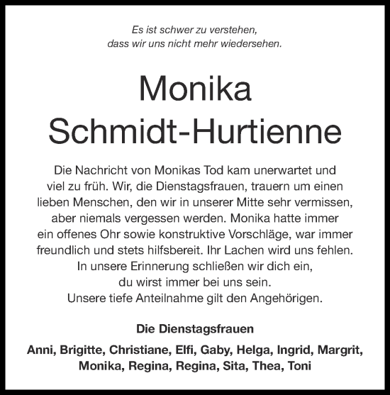 Traueranzeige von Monika Schmidt-Hurtienne von Zeitung am Sonntag