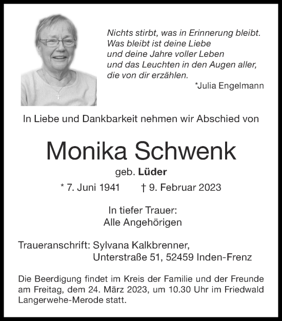 Traueranzeige von Monika Schwenk von Zeitung am Sonntag