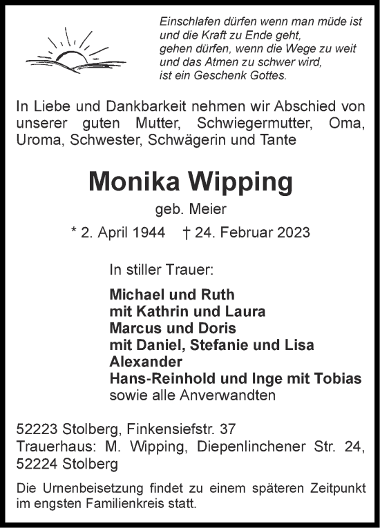 Traueranzeige von Monika Wipping von Zeitung am Sonntag