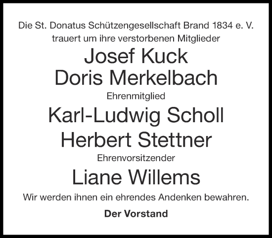 Traueranzeige von Nachruf St. Donatus Schützengesellschaft Brand 1834 e. V. von Aachener Zeitung