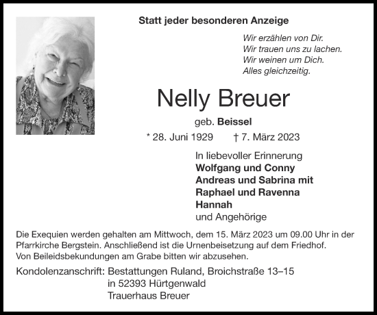 Traueranzeige von Nelly Breuer von Zeitung am Sonntag