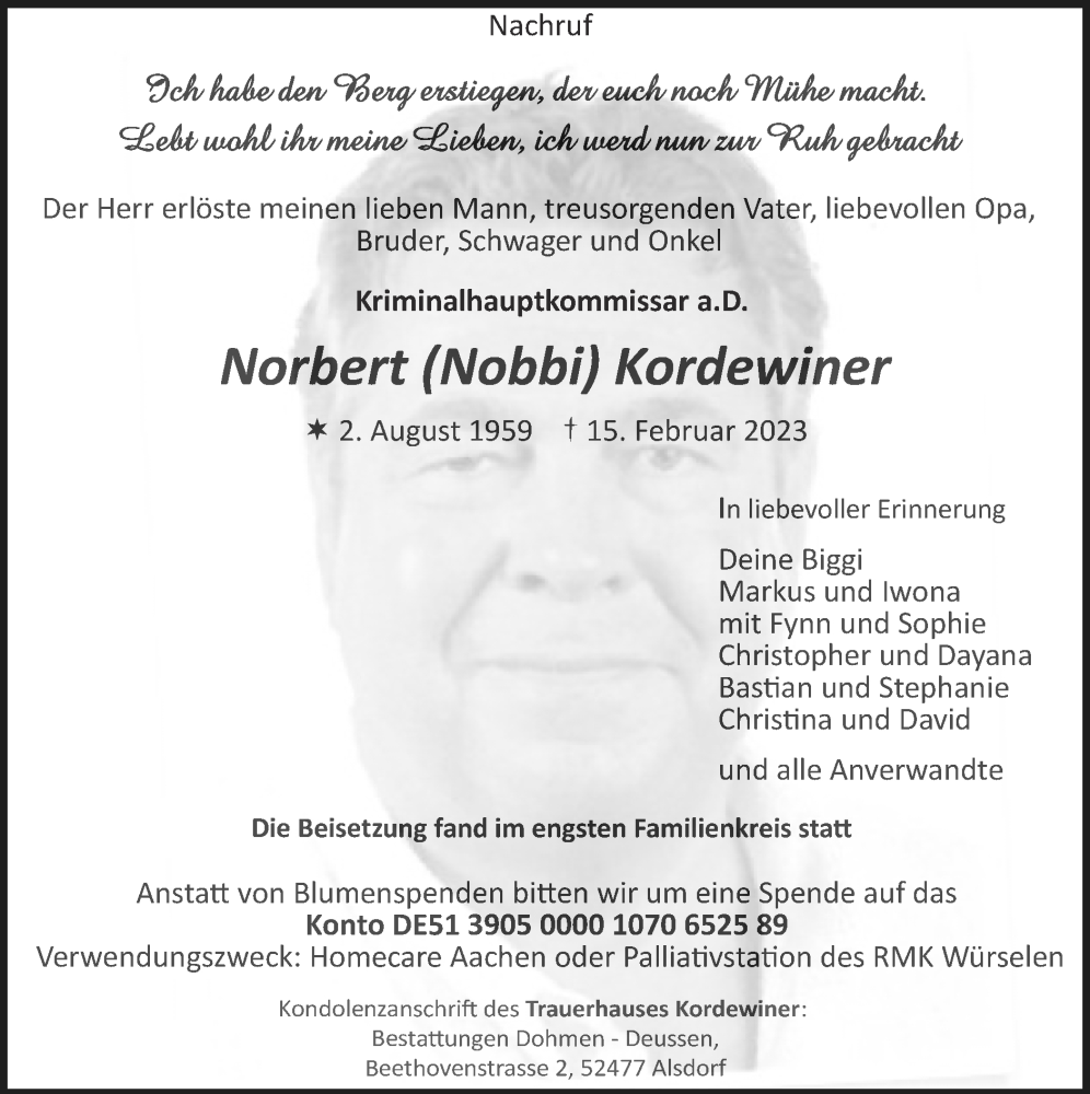  Traueranzeige für Norbert Kordewiner vom 05.03.2023 aus Zeitung am Sonntag