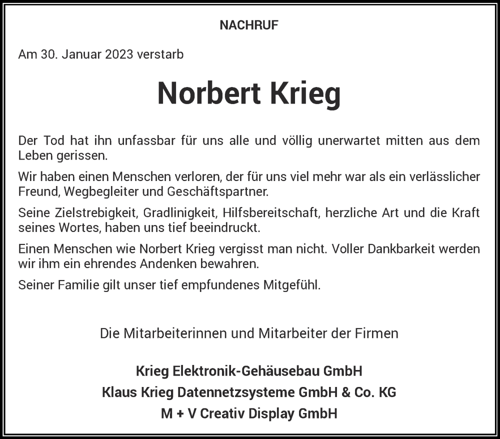  Traueranzeige für Norbert Krieg vom 19.02.2023 aus Zeitung am Sonntag