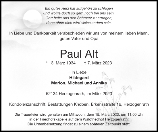 Traueranzeige von Paul Alt von Zeitung am Sonntag
